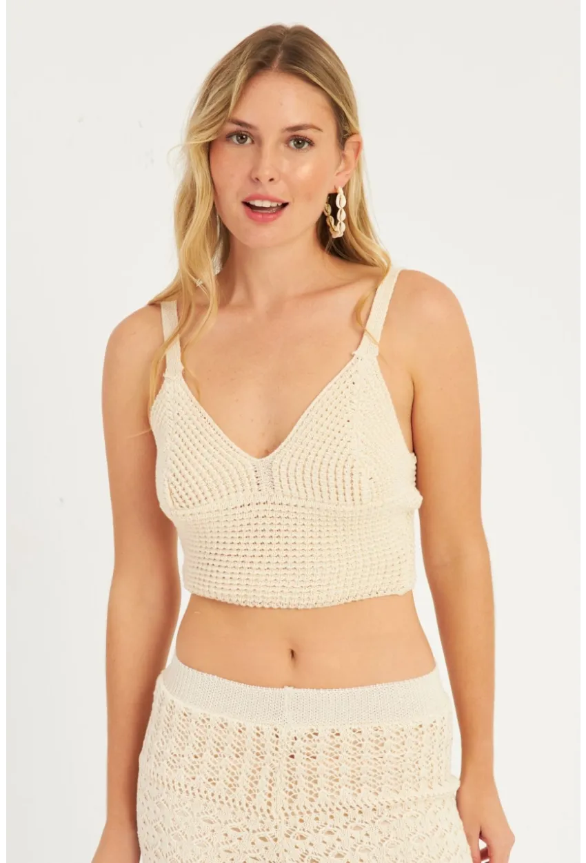 Kadın Ekru Triko Crop Bluz KZ2507