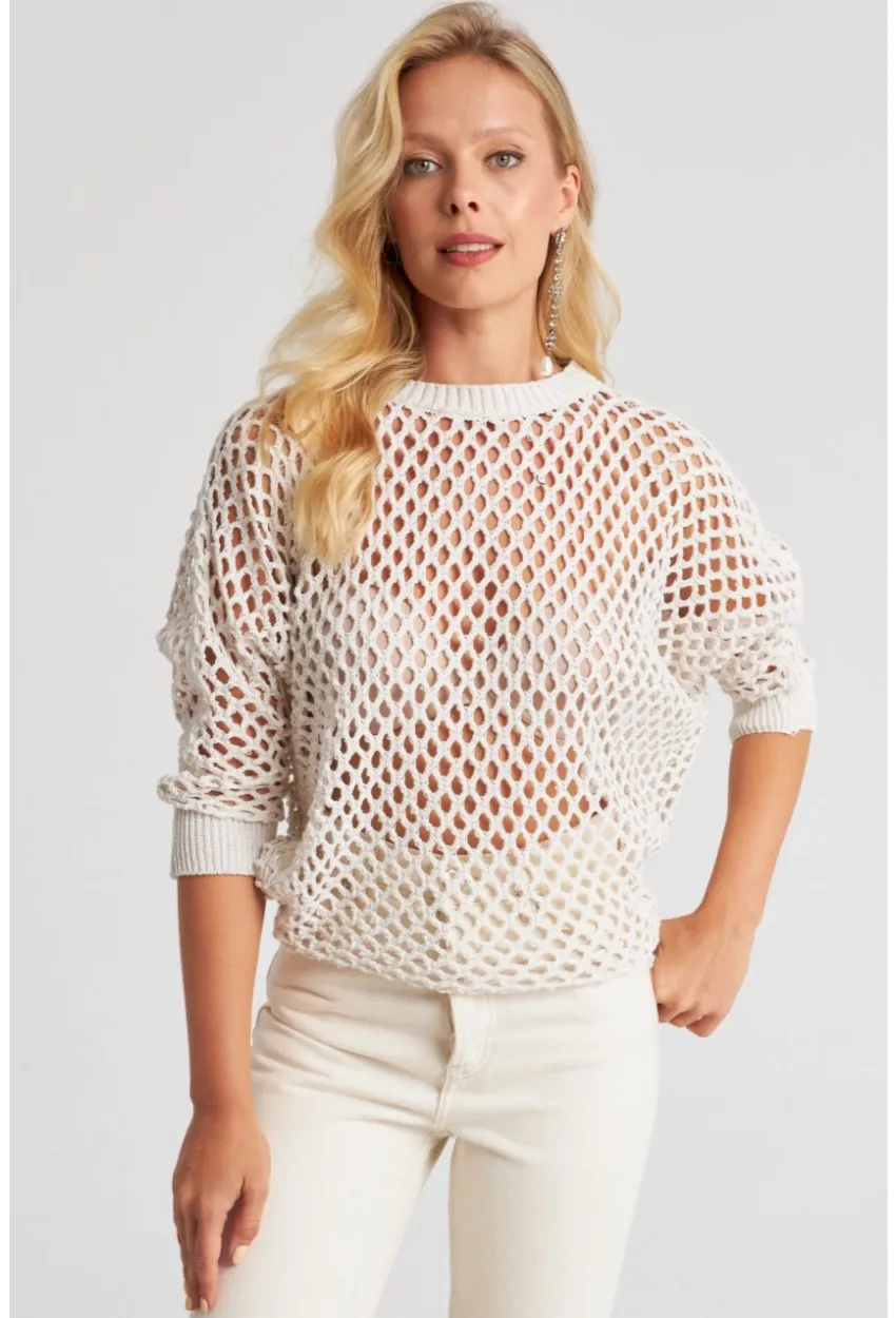 Kadın Ekru Triko File Bluz YV216