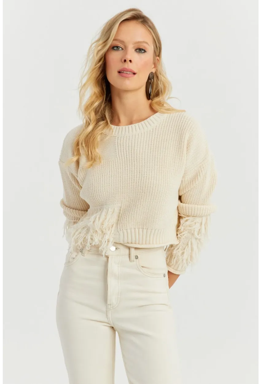 Kadın Ekru Triko Kısa Kazak YZ526