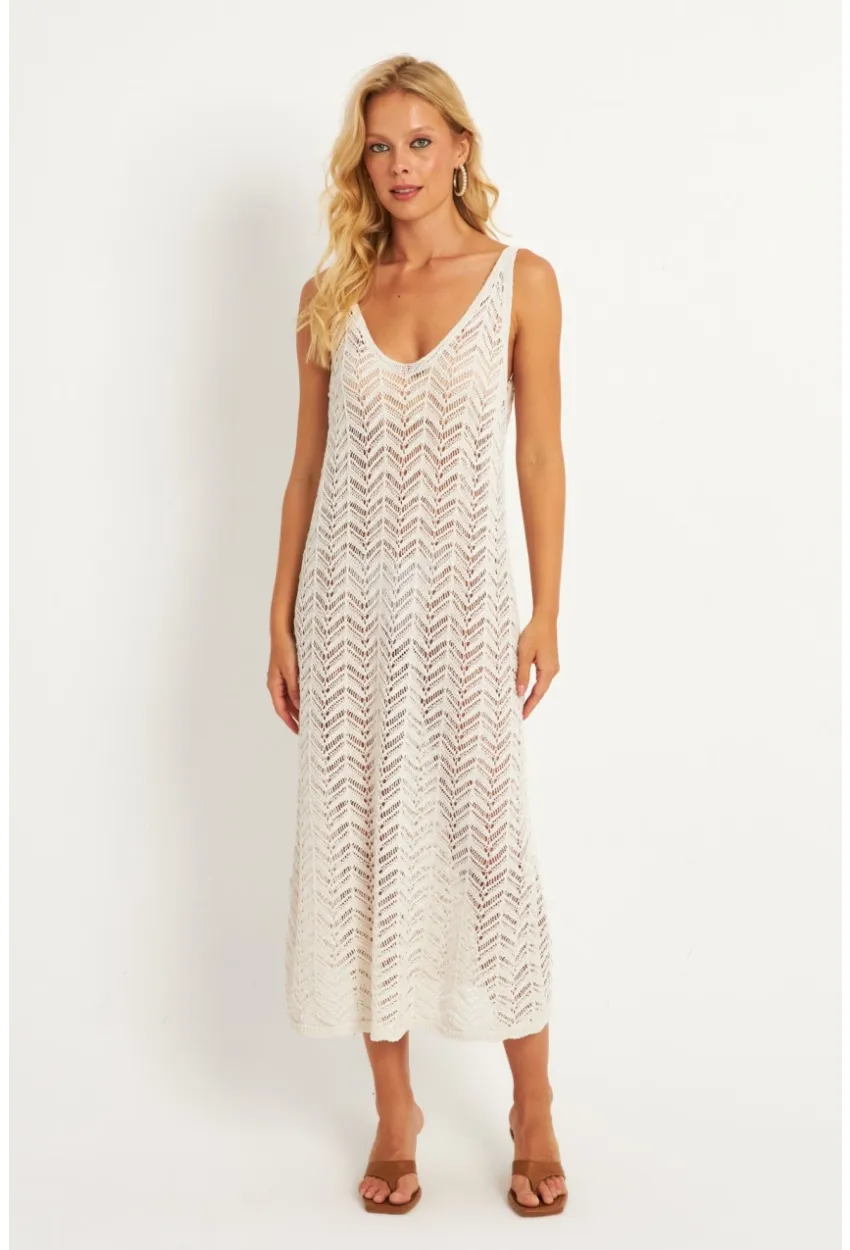 Kadın Ekru Triko Midi Plaj Elbisesi HC1482