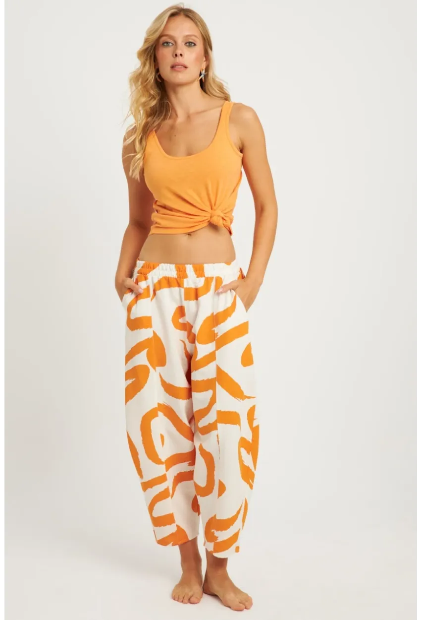 Kadın Ekru-Turuncu Desenli Keten Şalvar Pantolon K1253