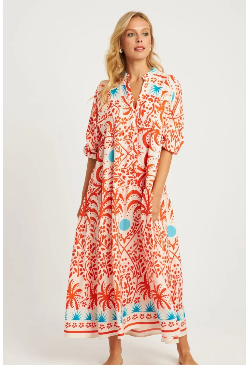 Kadın Ekru-Turuncu Desenli Midi Elbise MGÇ169