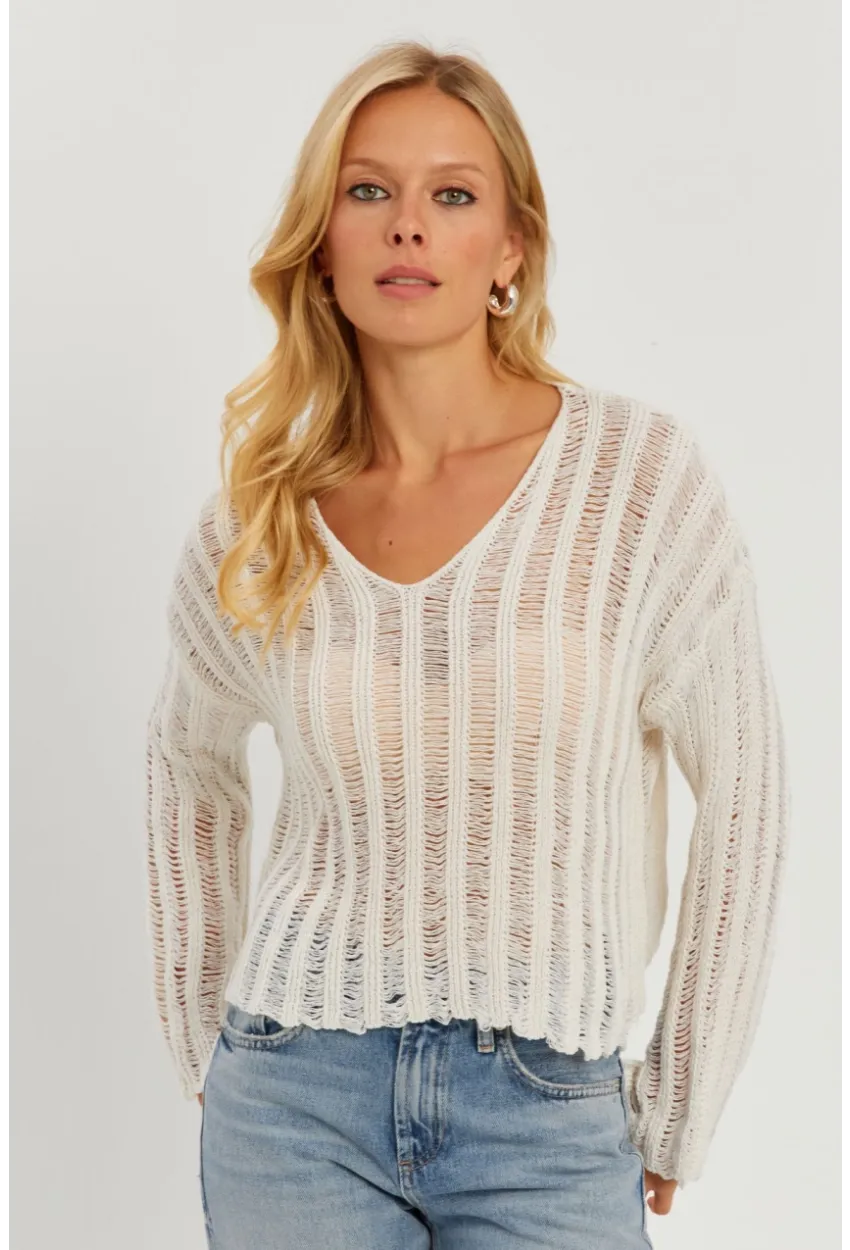 Kadın Ekru V Yaka Ajurlu Triko Bluz YV233