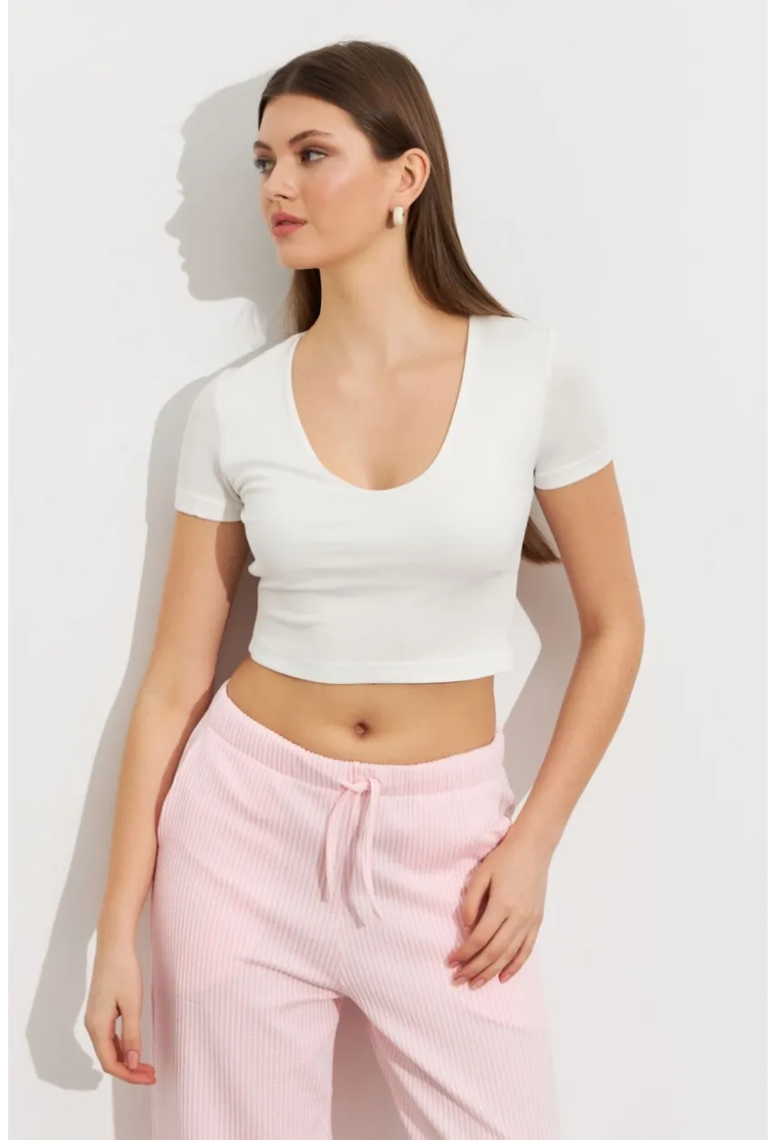 Kadın Ekru V Yaka Crop Bluz TOP101