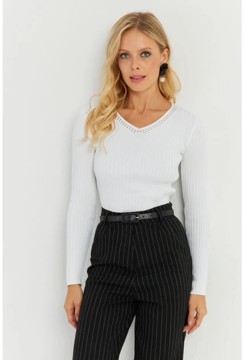 Kadın Ekru V Yaka Fitilli Triko Bluz SMT216