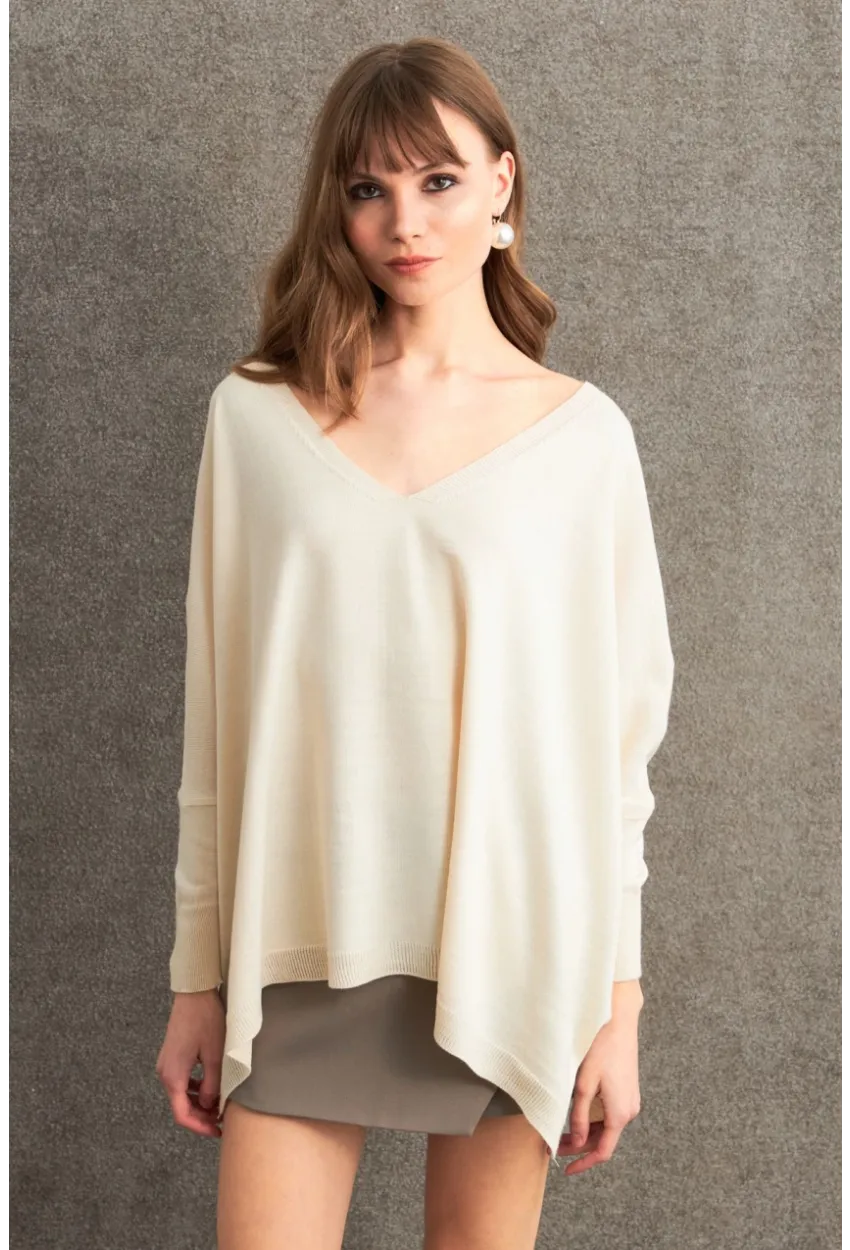 Kadın Ekru V Yaka Salaş Bluz YV304