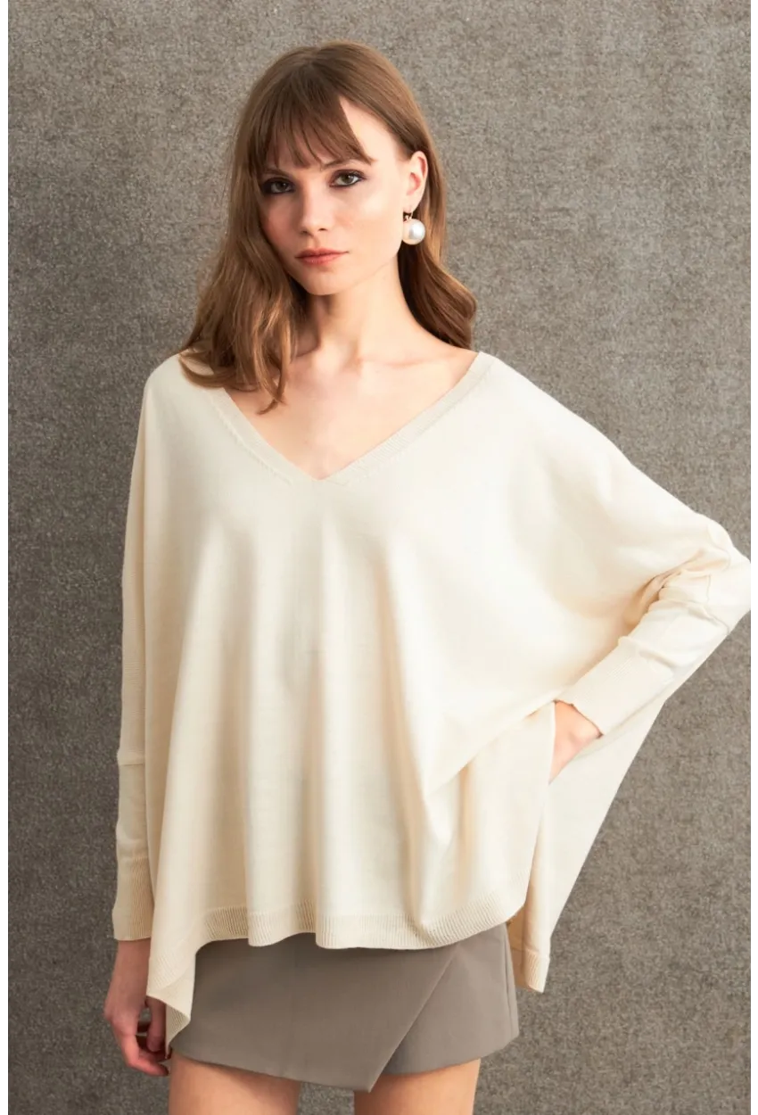 Kadın Ekru V Yaka Salaş Bluz YV304