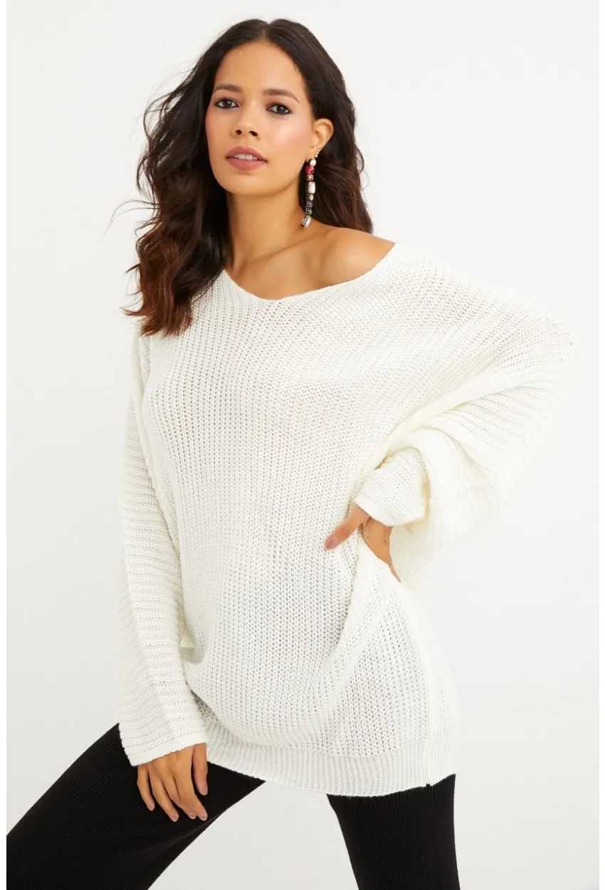 Kadın Ekru V Yaka Salaş Oversize Triko Tunik SMT158