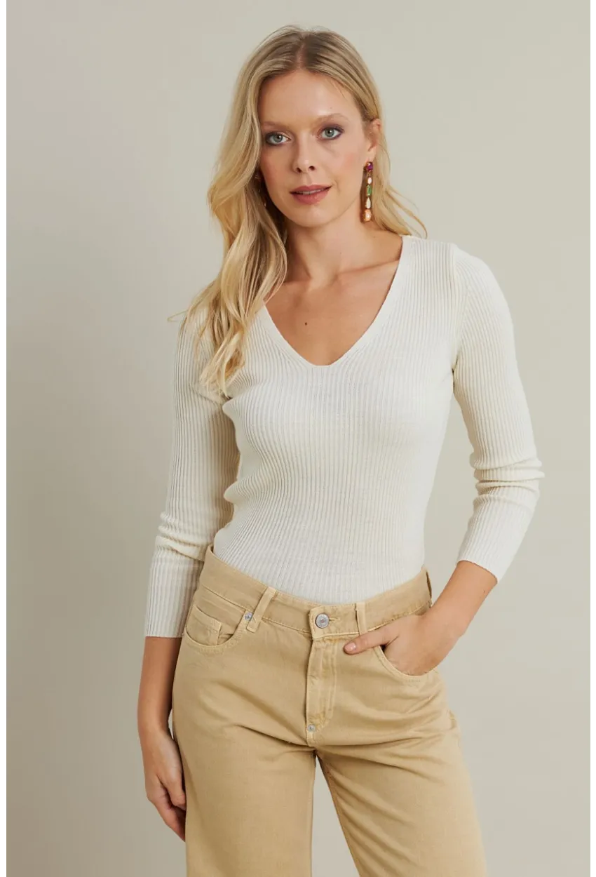 Kadın Ekru V Yaka Triko Bluz YV284