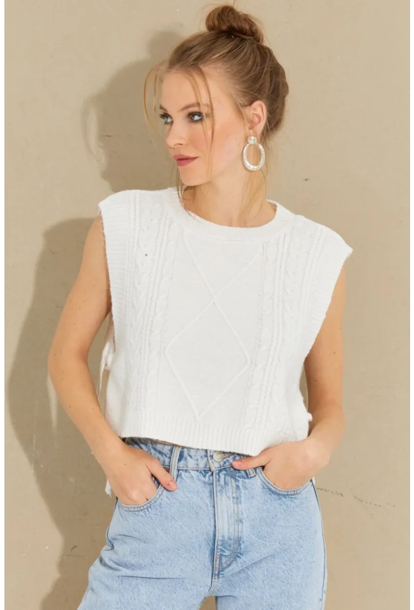 Kadın Ekru Yanları Bağlamalı Süveter YV210