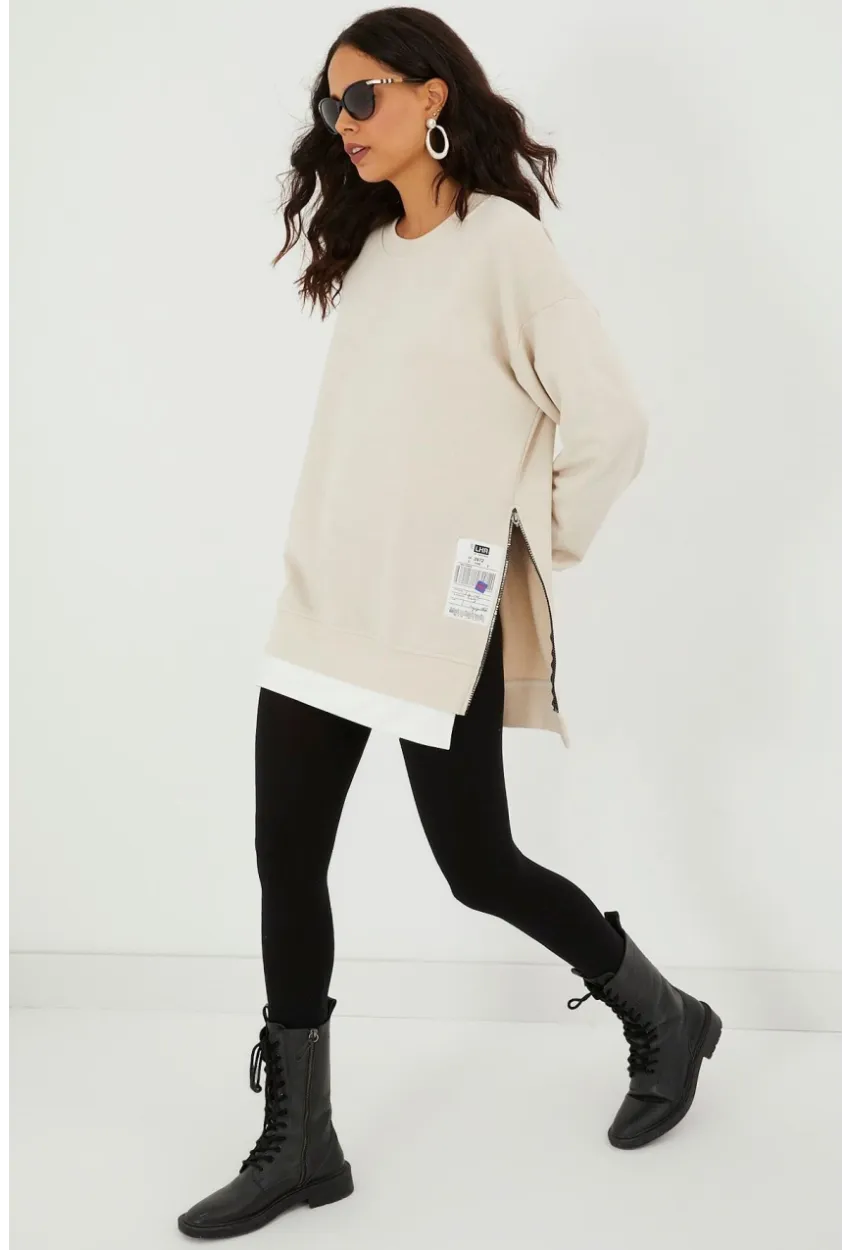 Kadın Ekru Yanları Fermuarlı Oversize Sweatshirt BK231095