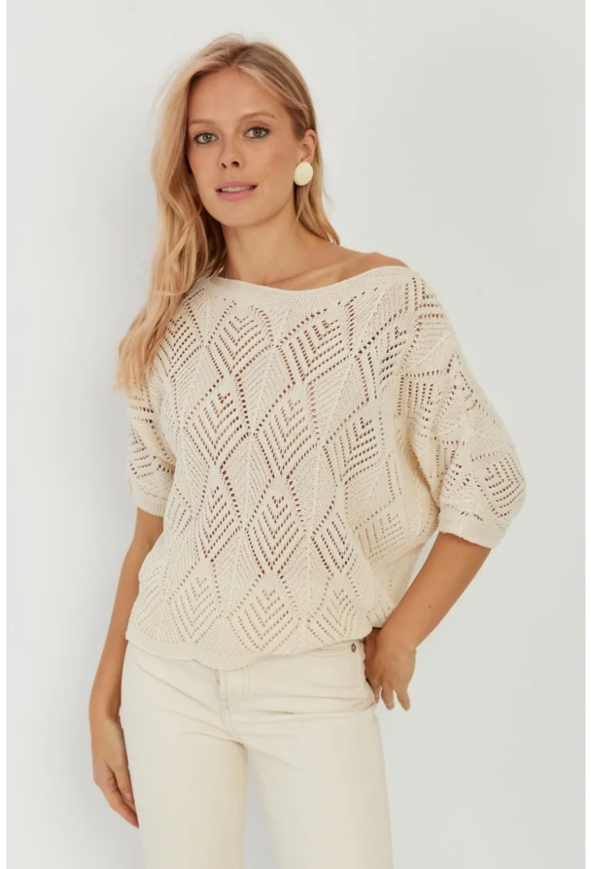 Kadın Ekru Yarasa Kol Ajurlu Triko Bluz YZ621