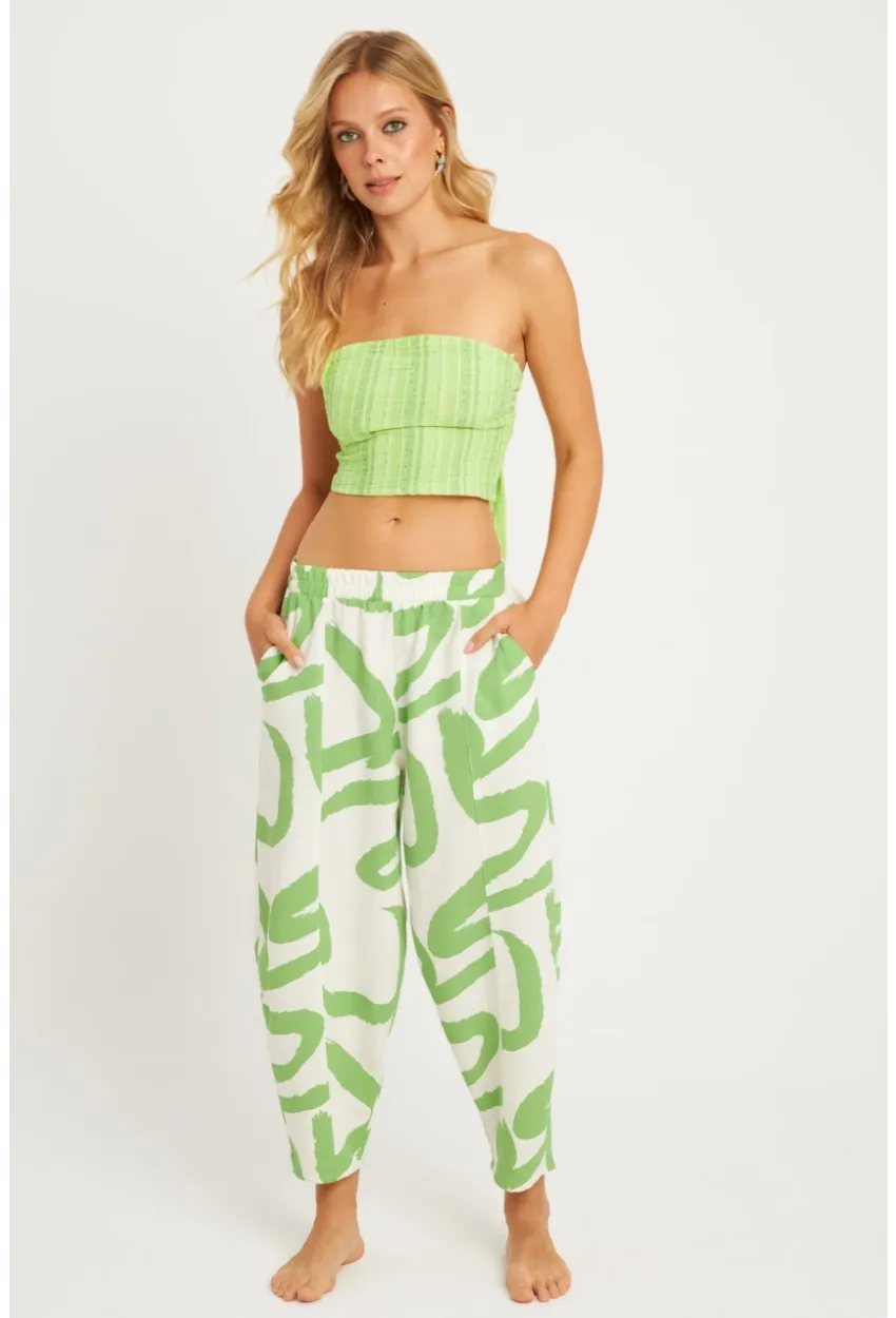 Kadın Ekru-Yeşil Desenli Keten Şalvar Pantolon K1253