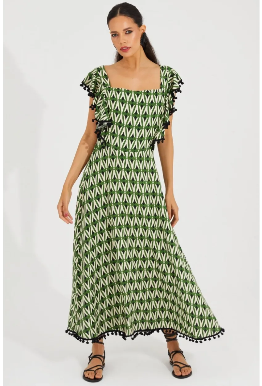 Kadın Ekru-Yeşil Sırtı Gipeli Kare Yaka Elbise BK1650