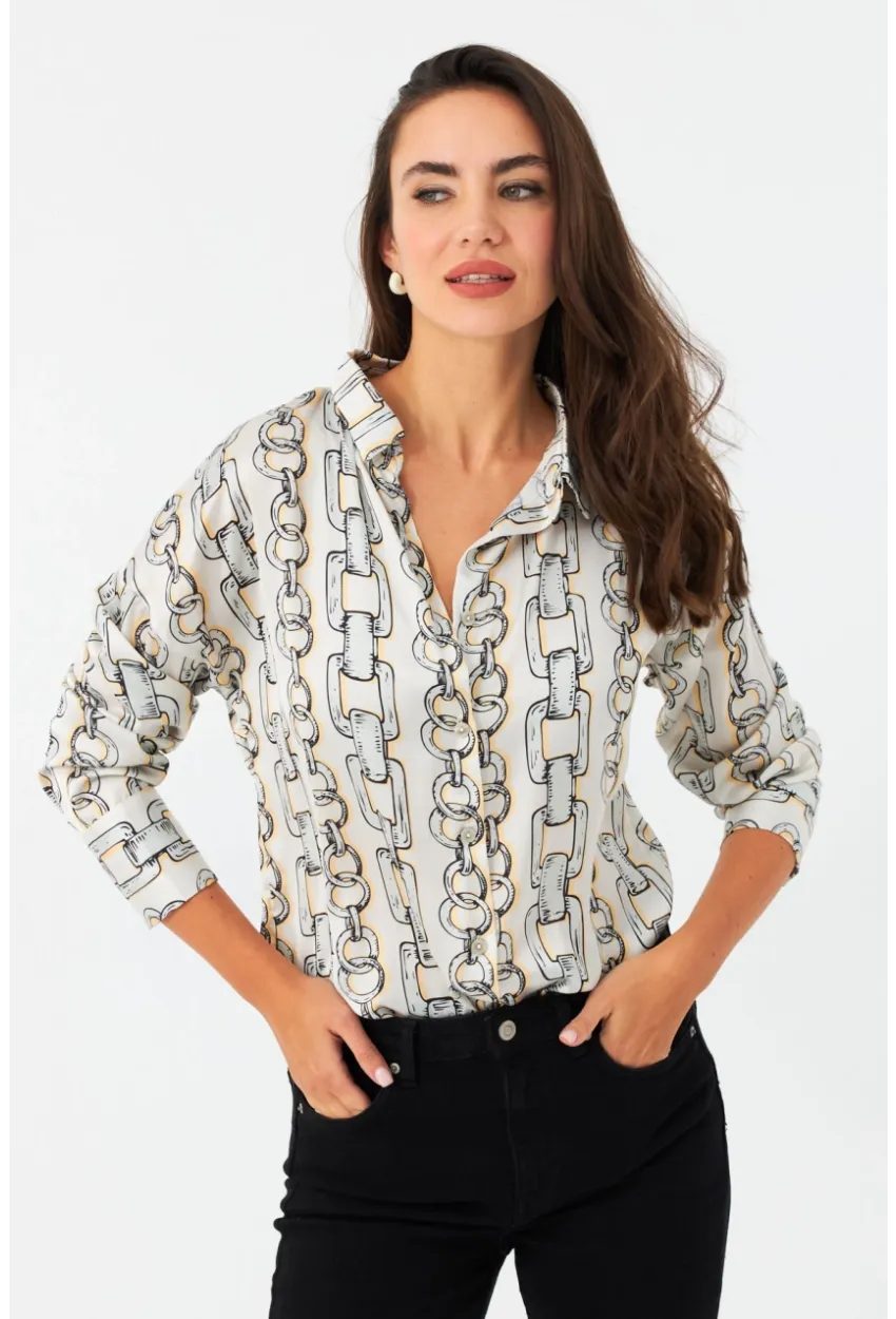 Kadın Ekru Zincir Desenli Saten Gömlek SHR9