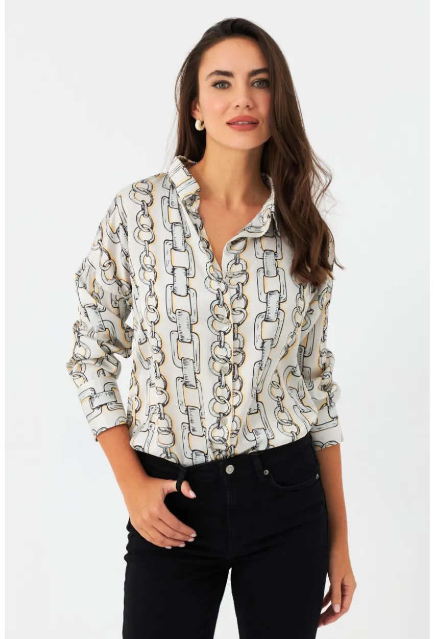 Kadın Ekru Zincir Desenli Saten Gömlek SHR9