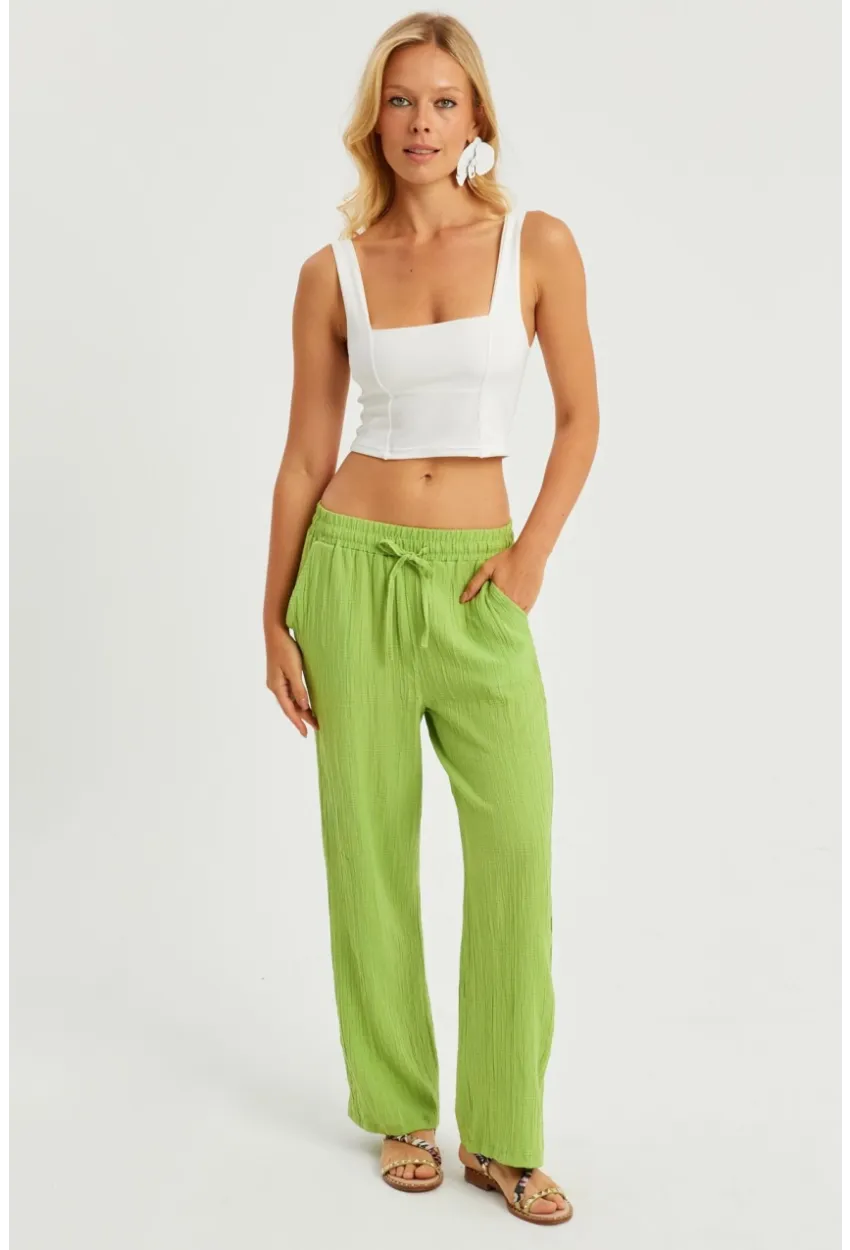 Kadın Fıstık Yeşil Beli Lastikli Bürümcük Pantolon ZER405