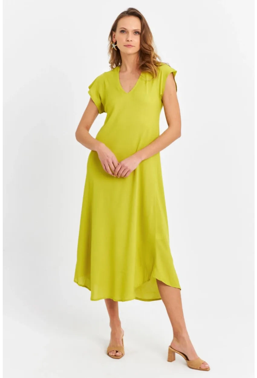 Kadın Fıstık Yeşil V Yaka Midi Elbise PC22649