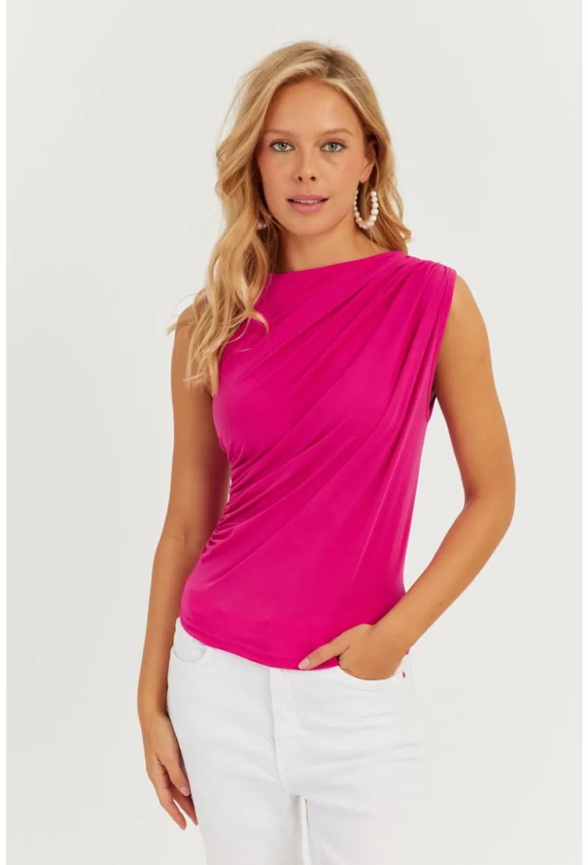 Kadın Fuşya Büzgülü Bluz YZ625