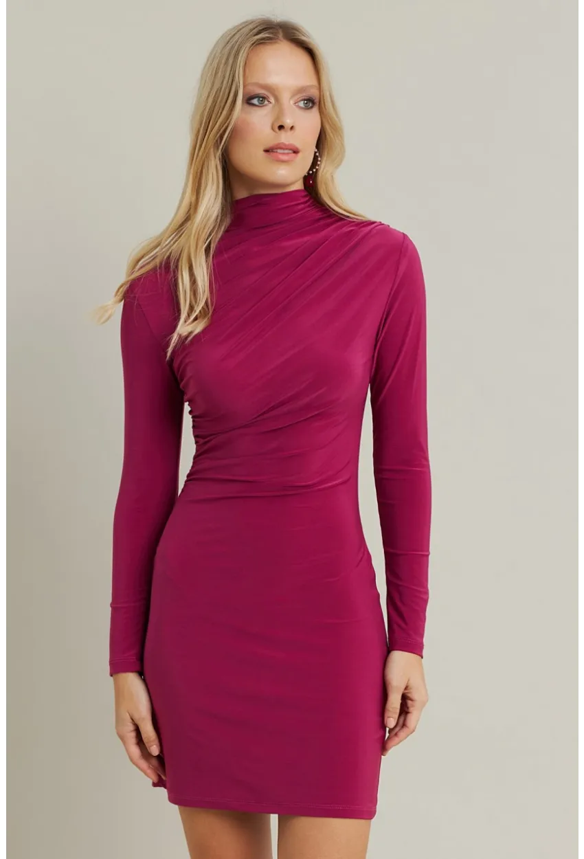 Kadın Fuşya Büzgülü Dik Yaka Mini Elbise ELT3138-90