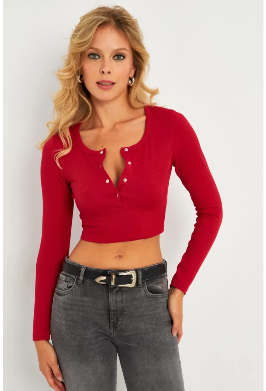 Kadın Fuşya Çıtçıtlı Crop Bluz CG379