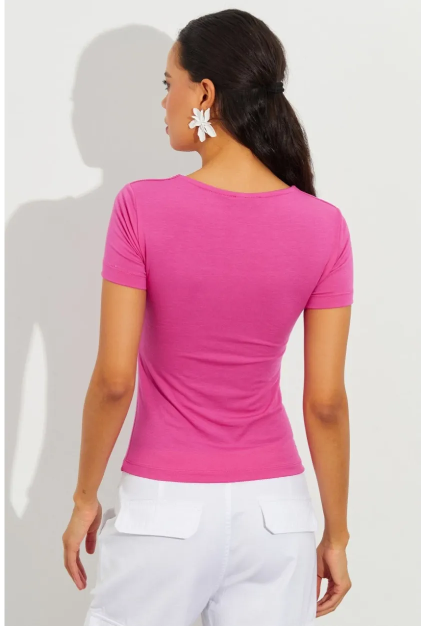 Kadın Fuşya Kare Yaka Bluz LPP1220