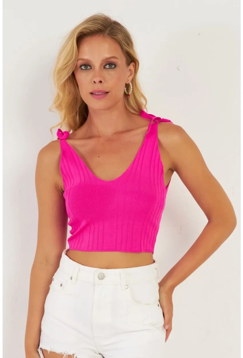 Kadın Fuşya Omuzları Bağlamalı Triko Bluz YV260
