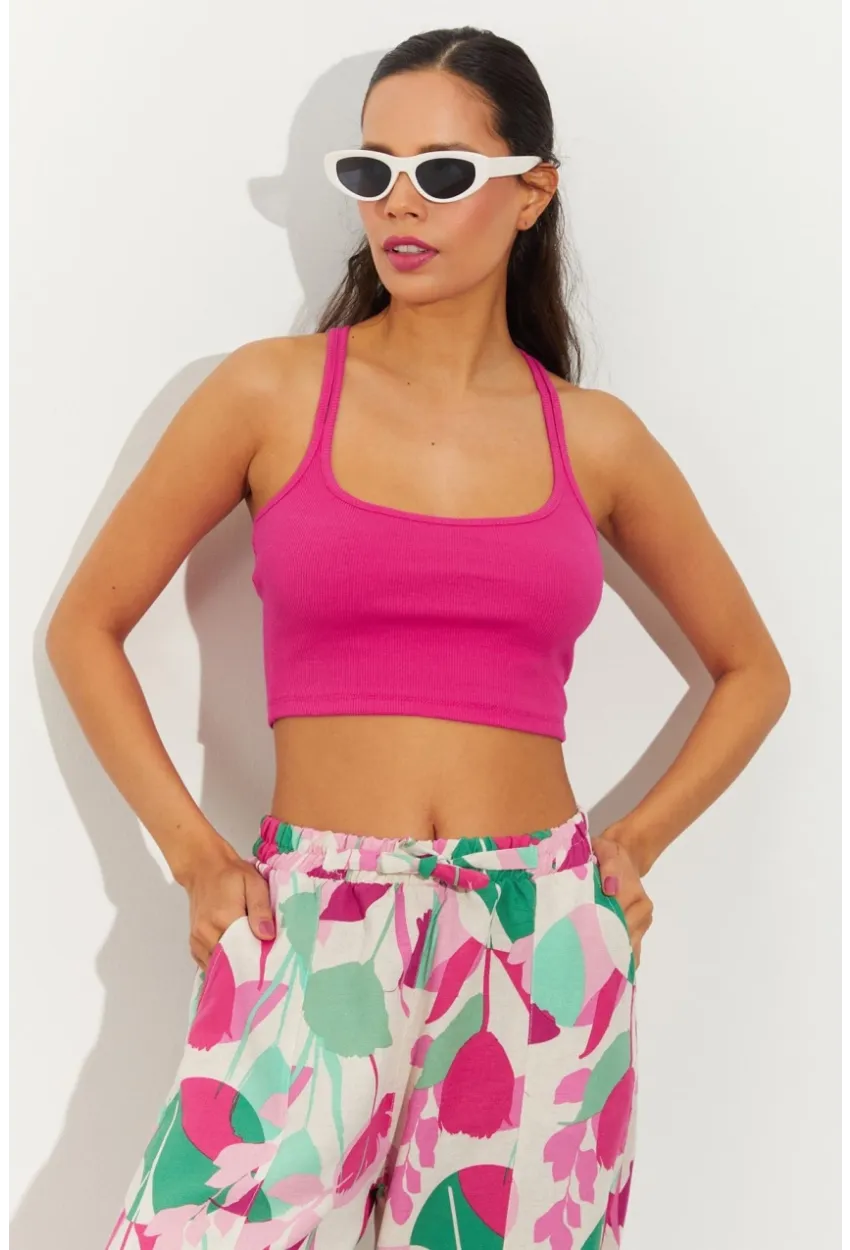 Kadın Fuşya Sırtı Halkalı Kaşkorse Crop Bluz B2552