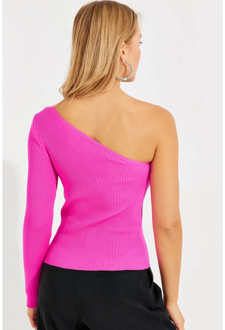 Kadın Fuşya Tek Omuz Triko Bluz YV204