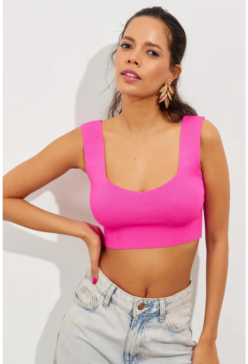 Kadın Fuşya Triko Crop Atlet YV118