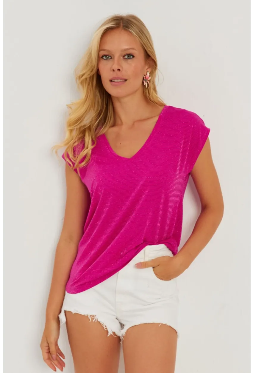 Kadın Fuşya V Yaka Simli Bluz RX436