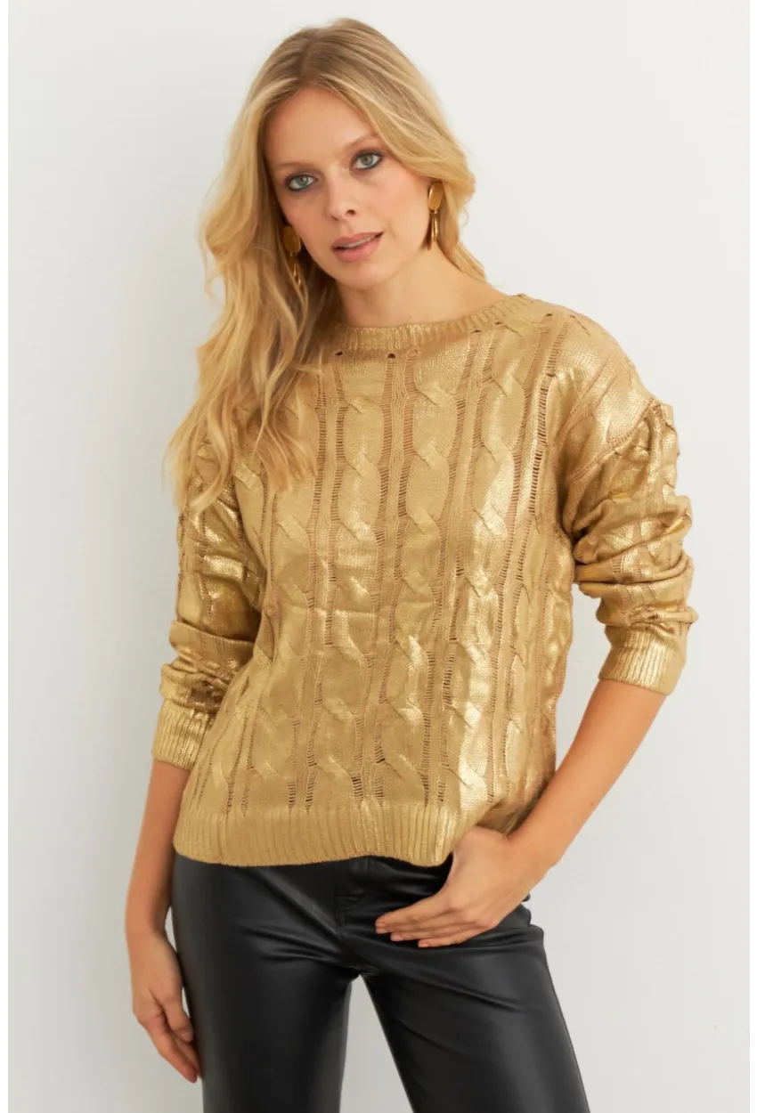 Kadın Gold Rengi Saç Örgülü Vatkalı Triko Bluz RM618
