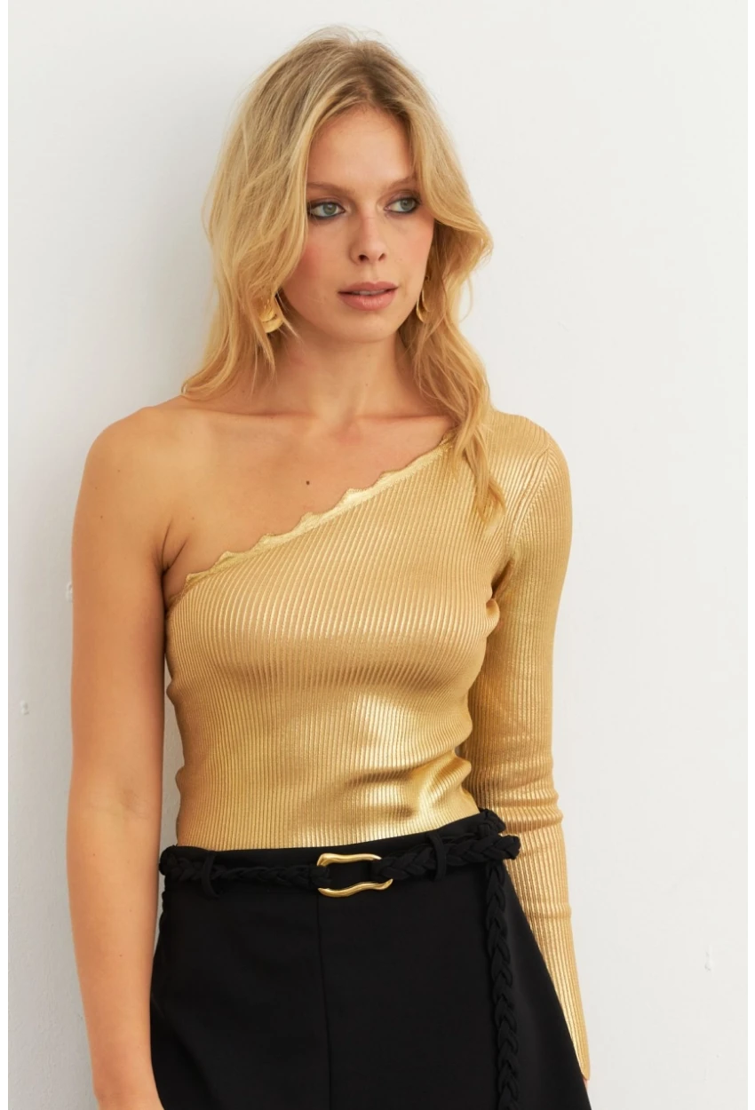 Kadın Gold Rengi Tek Omuz Merdiven Yaka Triko Bluz RM631