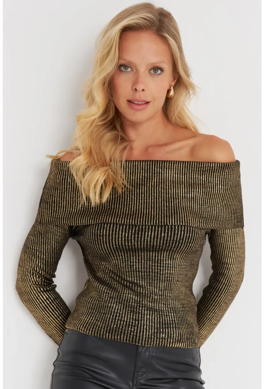 Kadın Gold Rengi Varaklı Madonna Triko Bluz SF2523