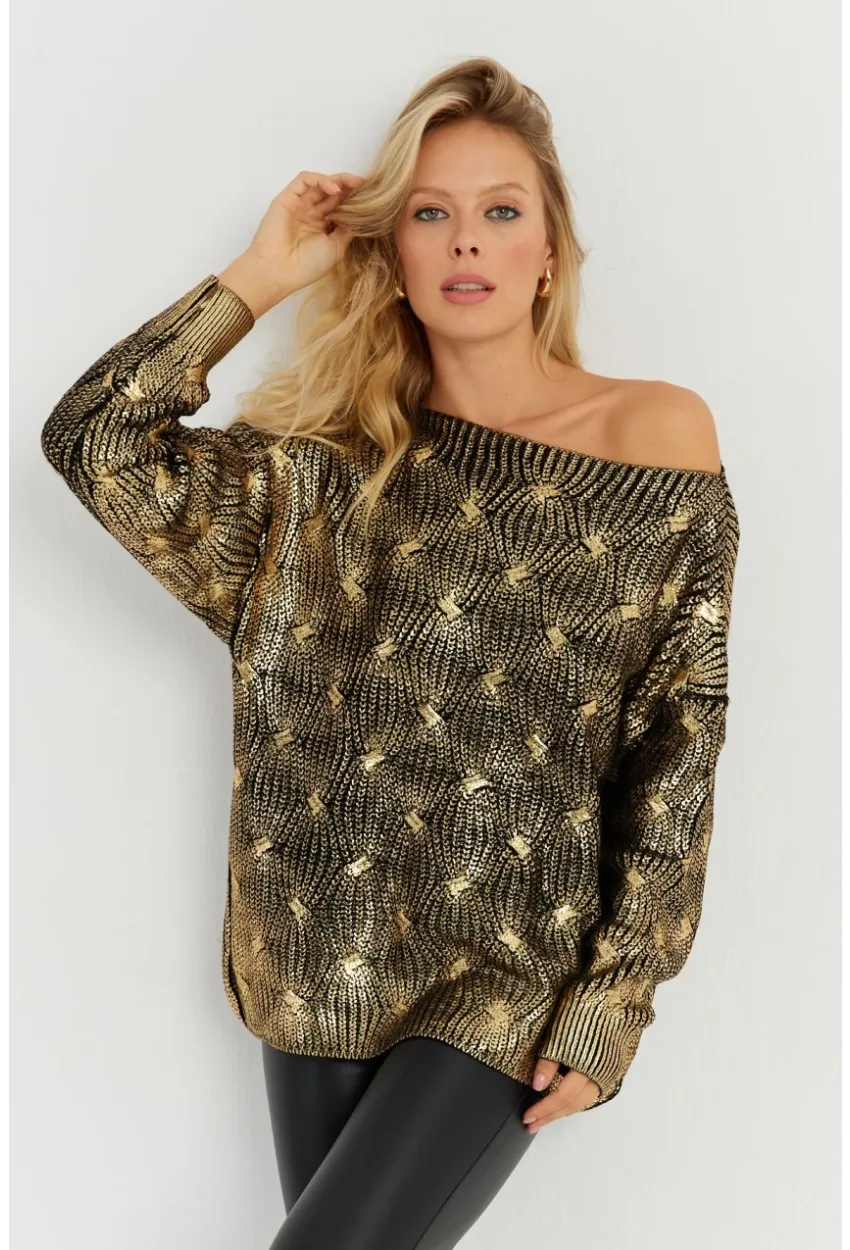 Kadın Gold Rengi Varaklı Triko Kazak SF2533