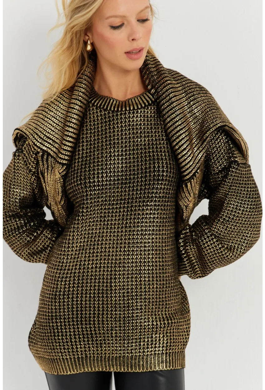 Kadın Gold Rengi Varaklı Triko Kazak SF2534