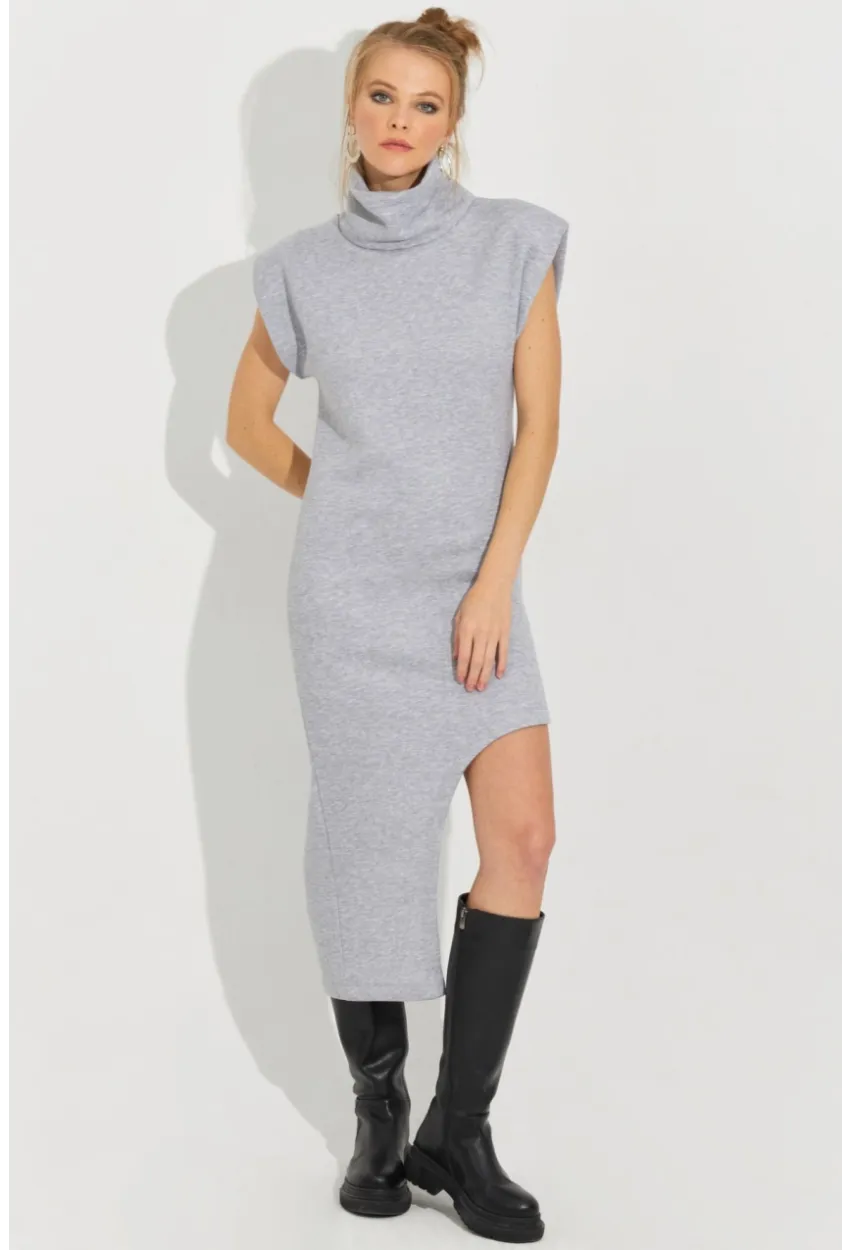 Kadın Gri Asimetrik Midi Elbise SF2196