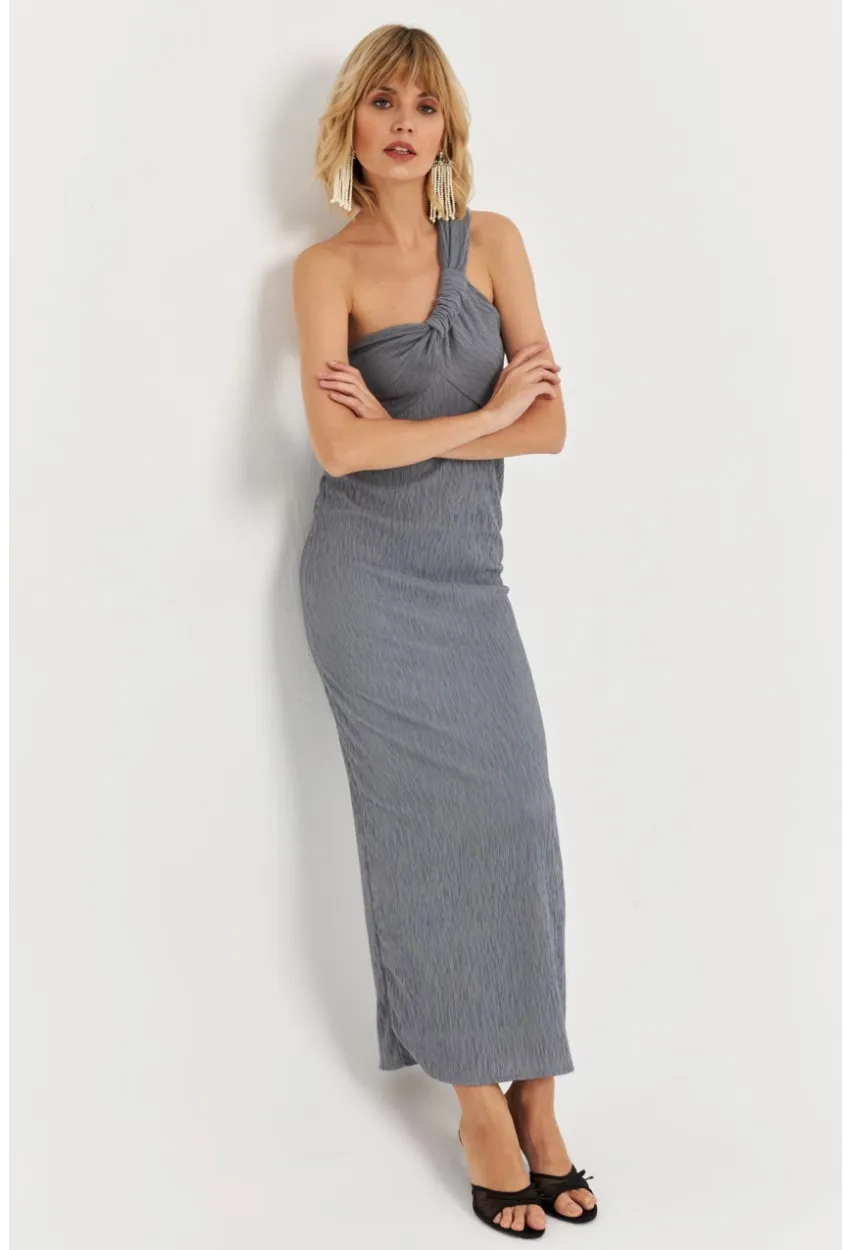 Kadın Gri Asimetrik Yaka Maxi Elbise NH25455