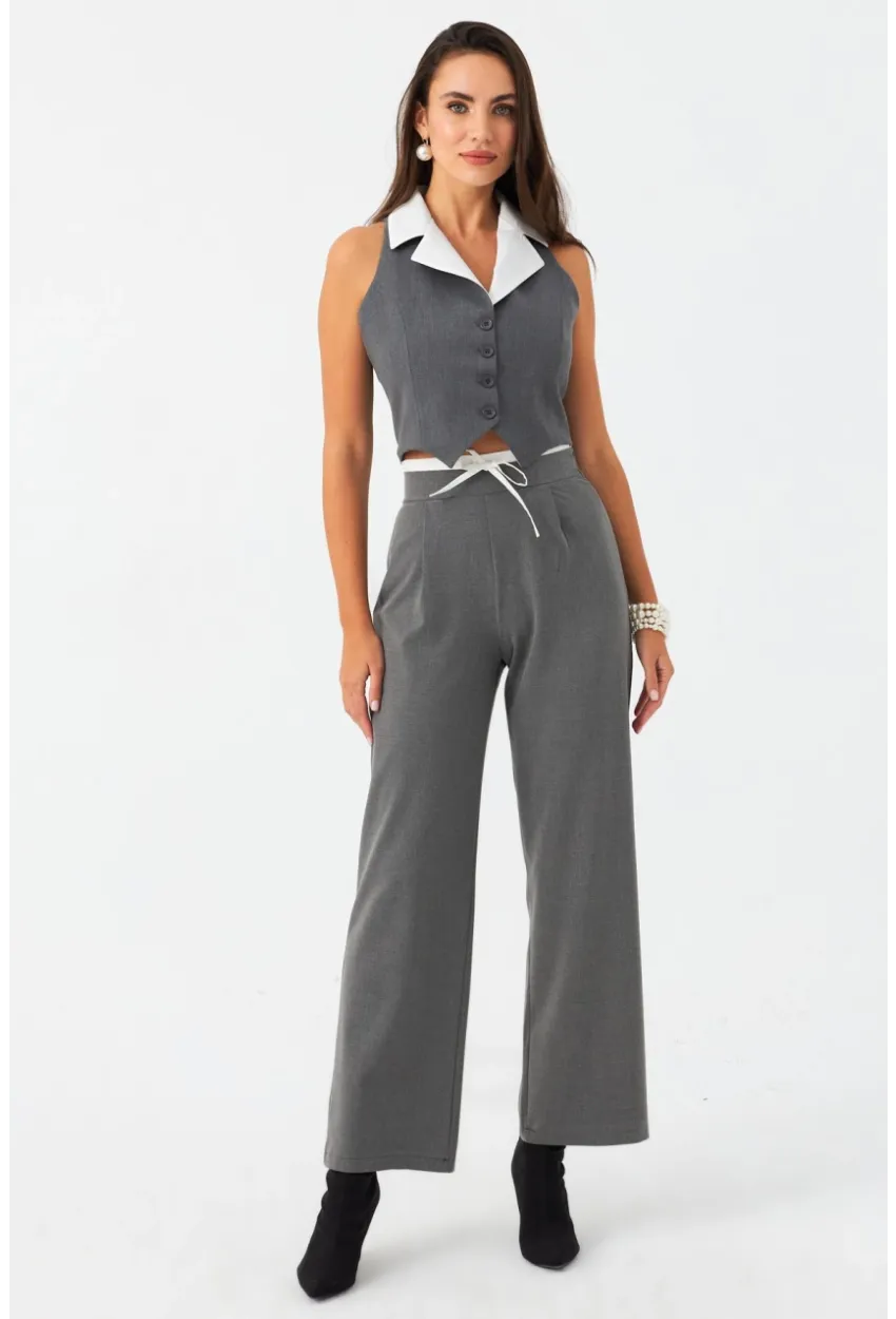 Kadın Gri Beli Bağlamalı Palazzo Pantolon ELA3972