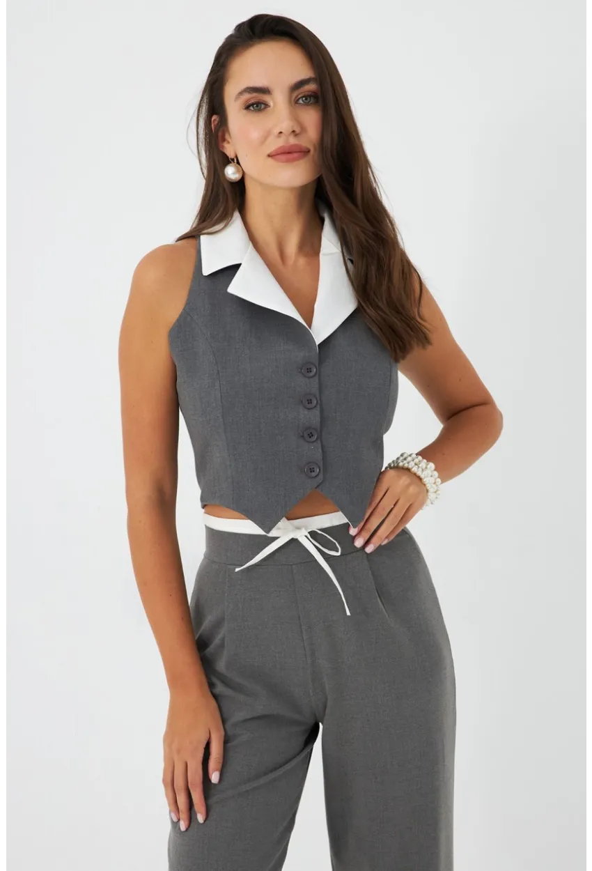 Kadın Gri-Beyaz Yaka Detaylı Astarlı Yelek ELA6823