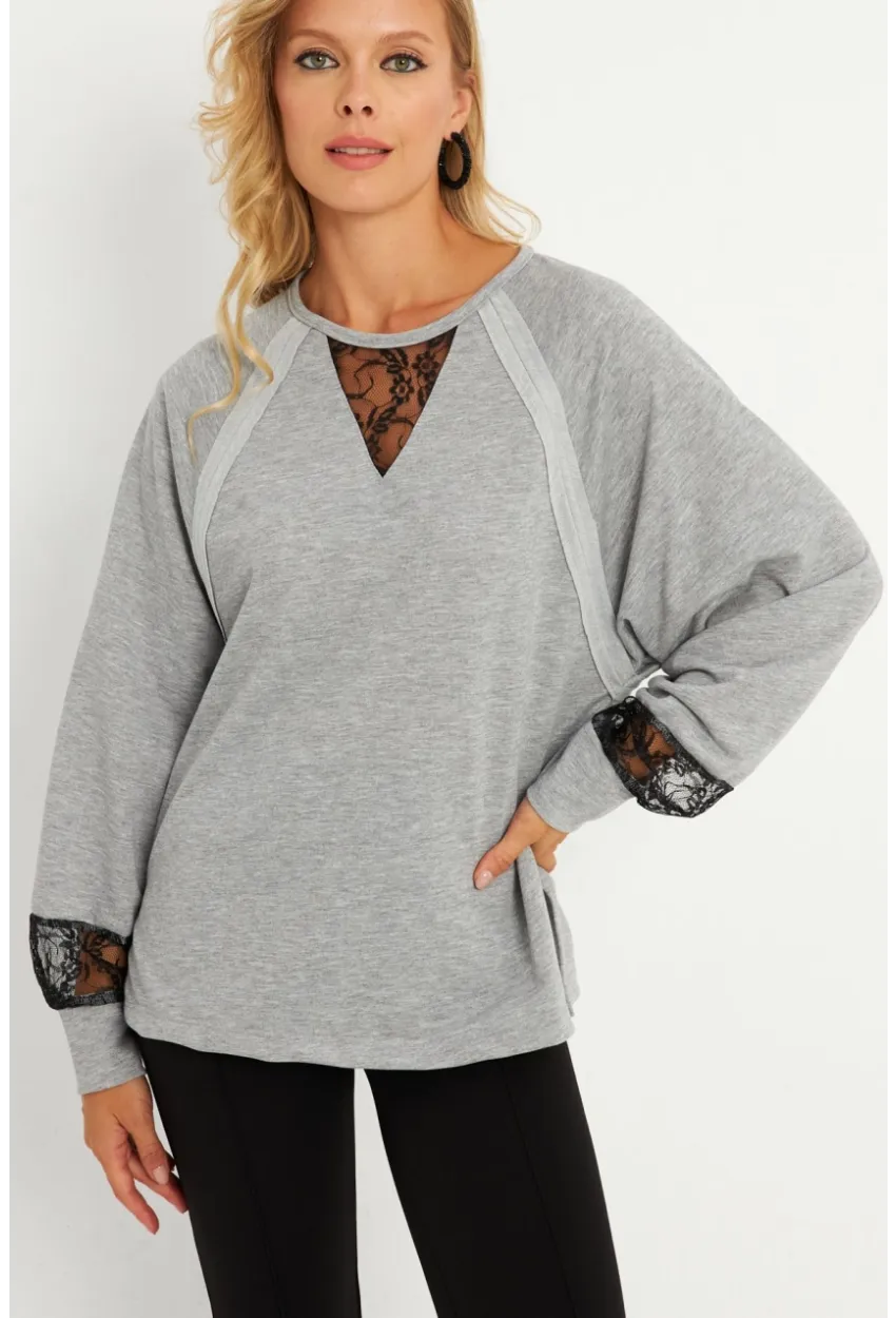 Kadın Gri Dantel Detaylı Sweatshirt EY2906