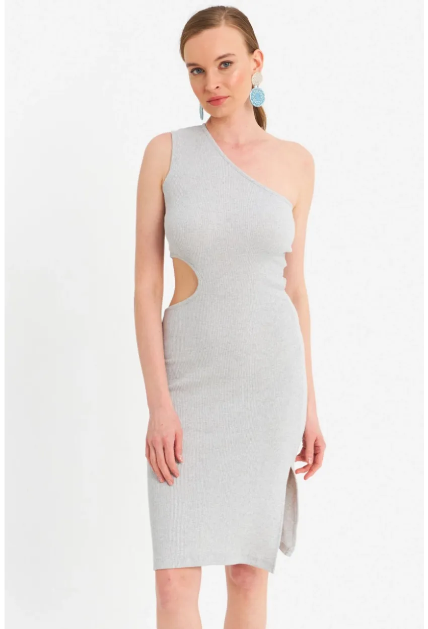 Kadın Gri Dekolteli Kaşkorse Midi Elbise OR2460