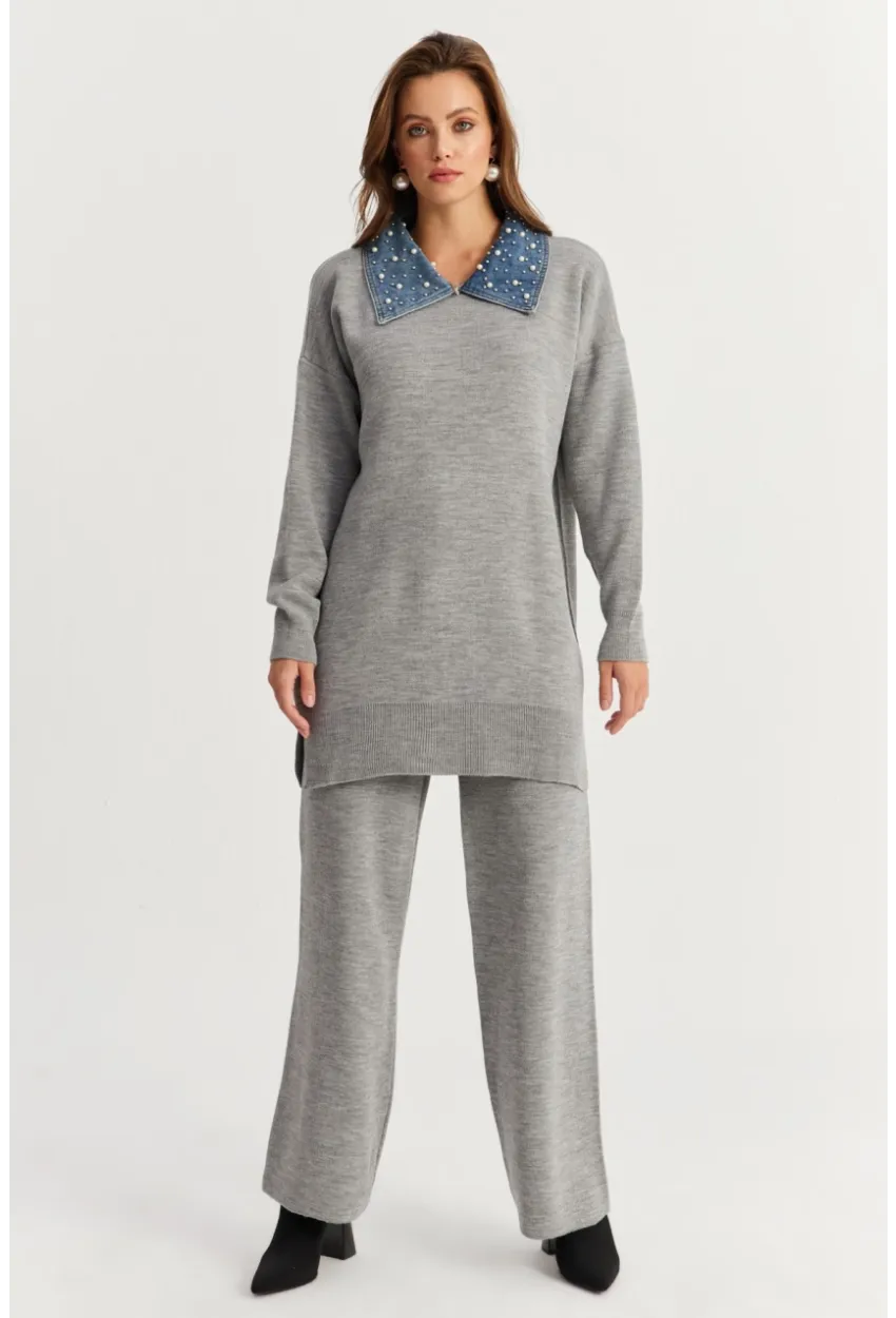 Kadın Gri Denim Yakalı İncili Alt Üst Triko Takım NUV22