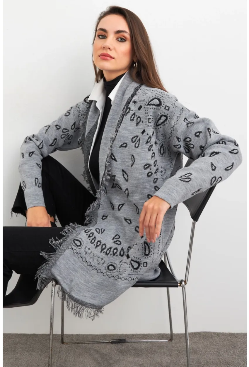 Kadın Gri Desenli Triko Hırka MVI14209