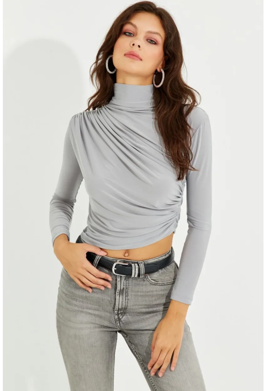 Kadın Gri Drapeli Bluz LPP1226