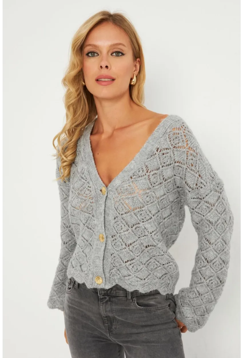 Kadın Gri Düğme Detaylı Hırka YV276