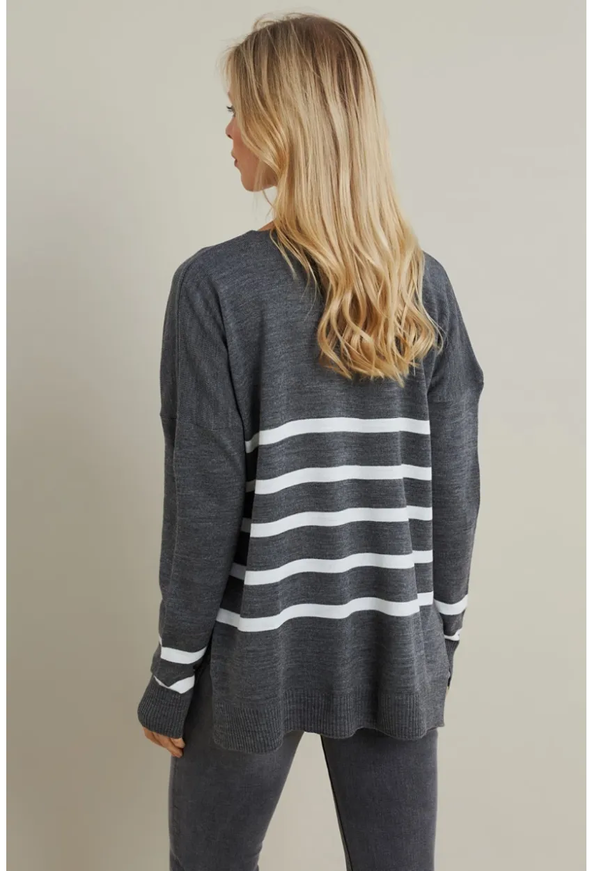 Kadın Gri-Ekru V Yaka Çizgili Triko Kazak MYİL550