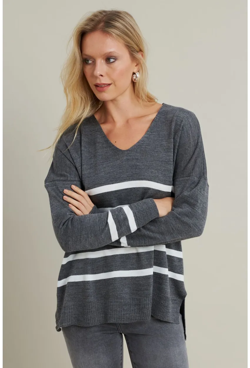Kadın Gri-Ekru V Yaka Çizgili Triko Kazak MYİL550