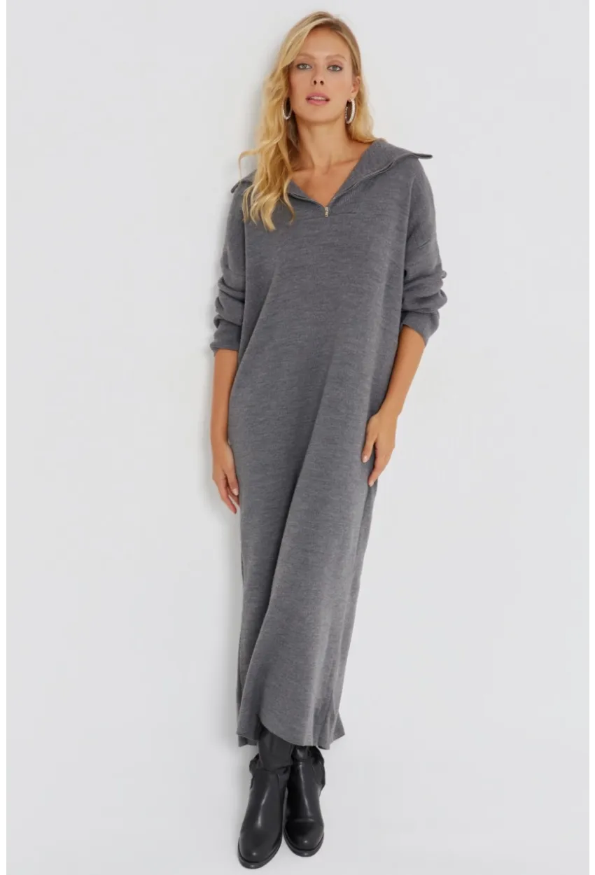 Kadın Gri Fermuarlı Triko Maxi Elbise SF2525