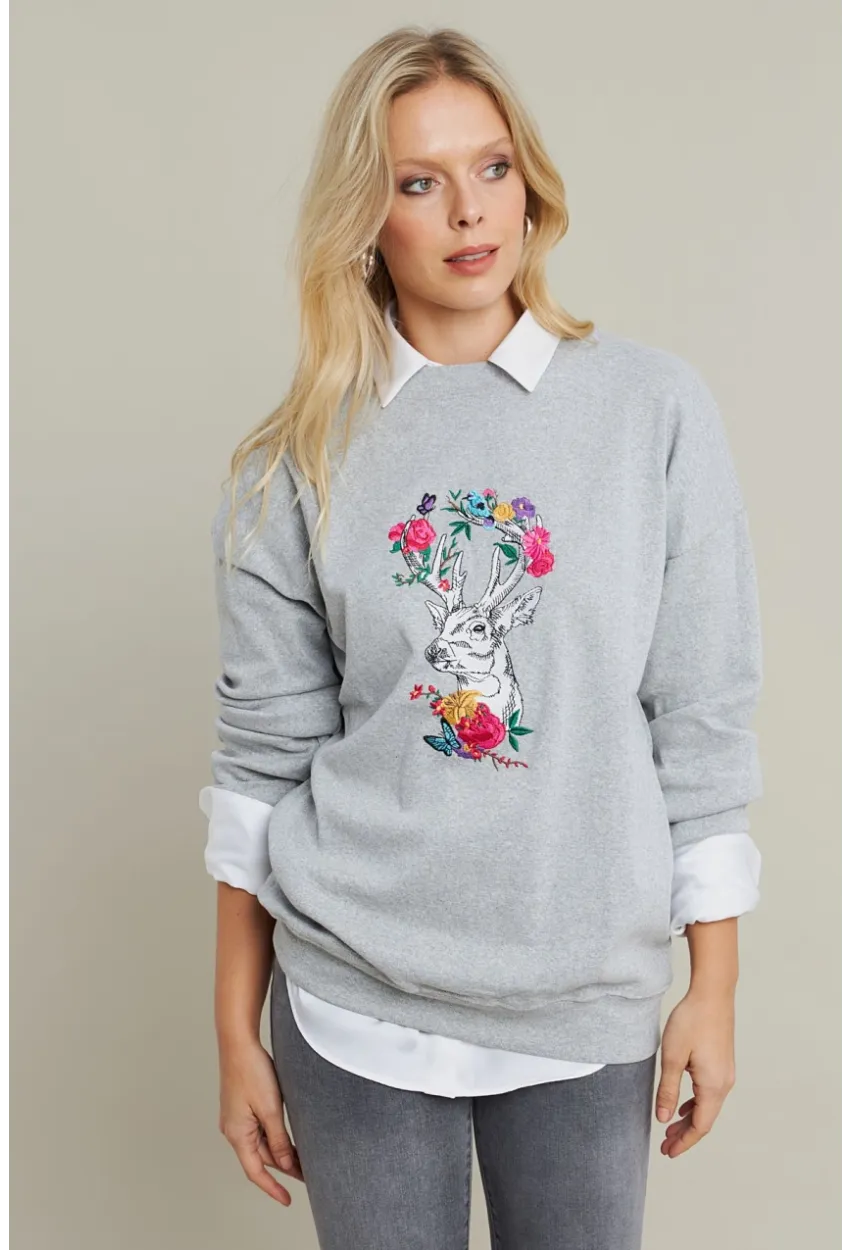 Kadın Gri-Fuşya Nakışlı Sweatshirt YLE20